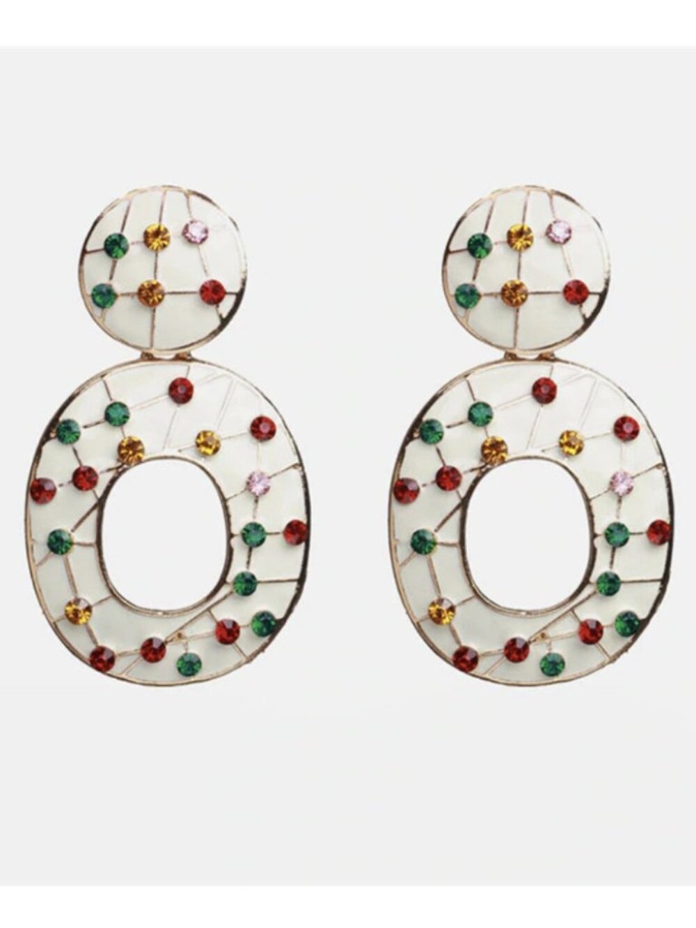 White Enamel Large Oval Retro Rhinestone Drop Fashion Earrings